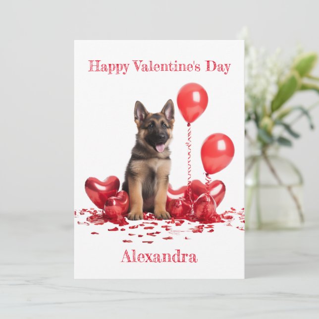 Custom German Shepherd Heart Balloons Valentine Holiday Card (Standing Front)