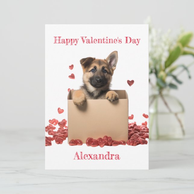 Custom German Shepherd Pup in a Box Valentine Holiday Card (Standing Front)