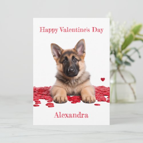 Custom German Shepherd Puppy on Hearts Valentine Holiday Card