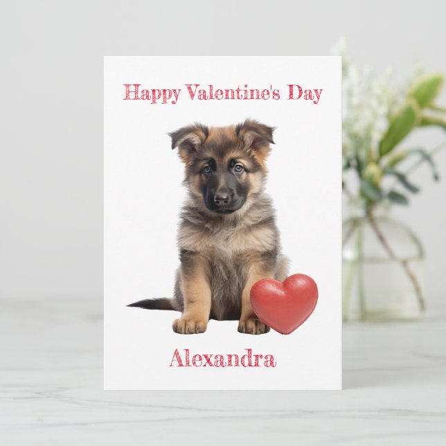Custom German Shepherd Puppy with Heart Valentine Holiday Card (Standing Front)