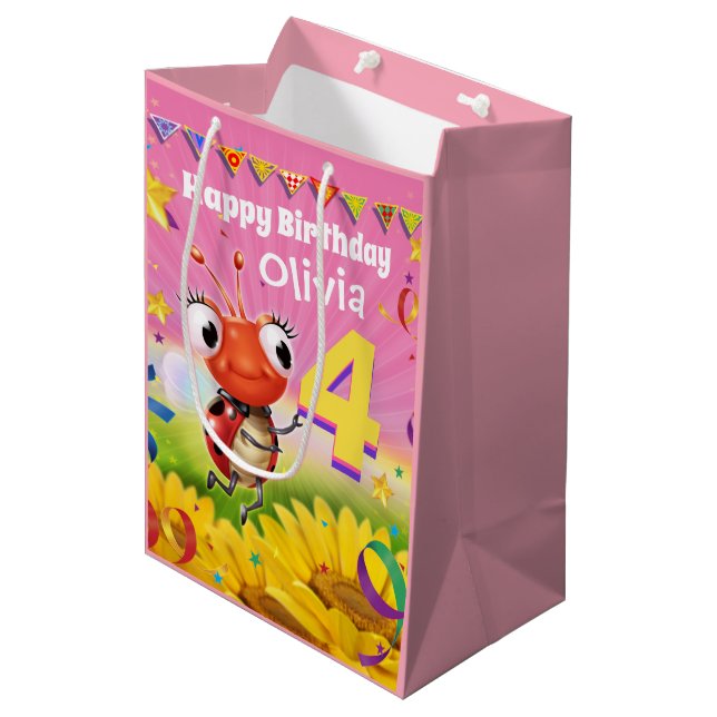 Custom Gift Bag for girl's 4th birthday - Ladybug (Front Angled)