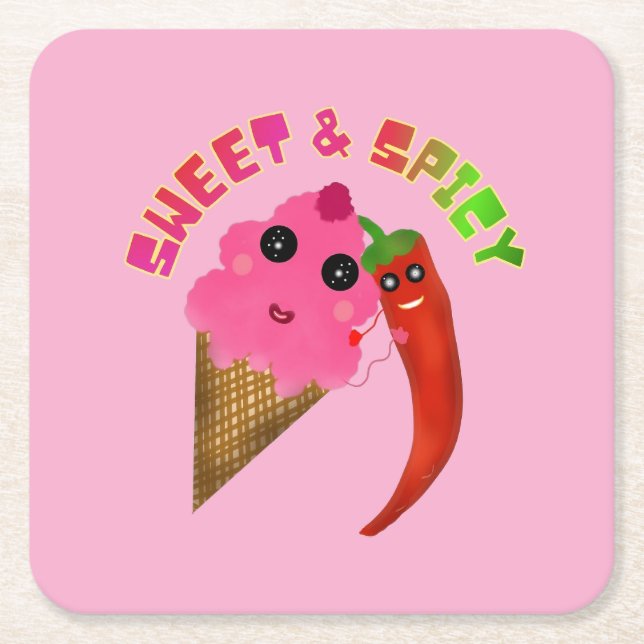 Custom gift Cute Ice Cream and Chili Pepper  Square Paper Coaster (Front)