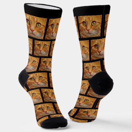 Custom Ginger Tabby Cat Photo on Black Crew Socks