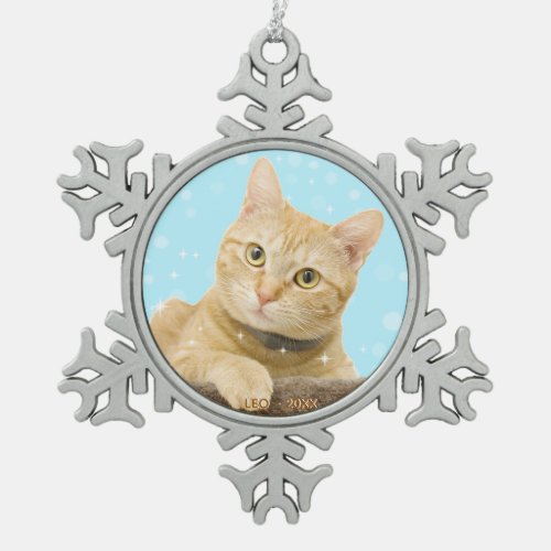 Custom Ginger Tabby Cat Photo Snowflake Pewter Christmas Ornament