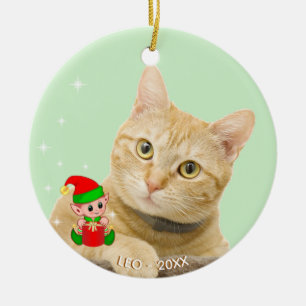 Custom Ginger Tabby Cat Photo with Cute Elf Ceramic Ornament