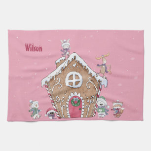 Custom Gingerbread House Ice Skating Snowy Day Kitchen Towel