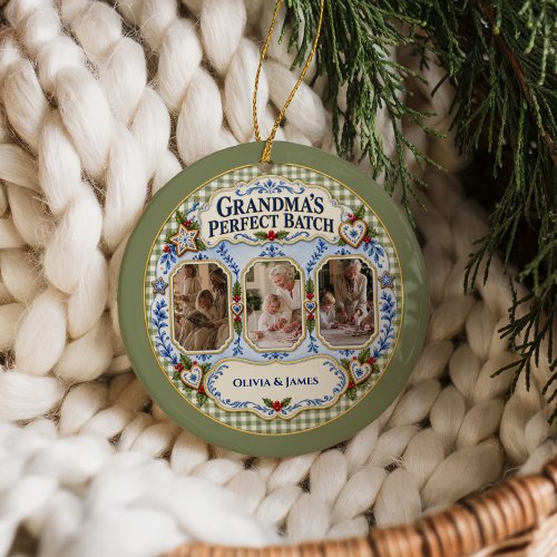 Custom Gingham Grandma’s Perfect Batch Photos Ceramic Ornament
