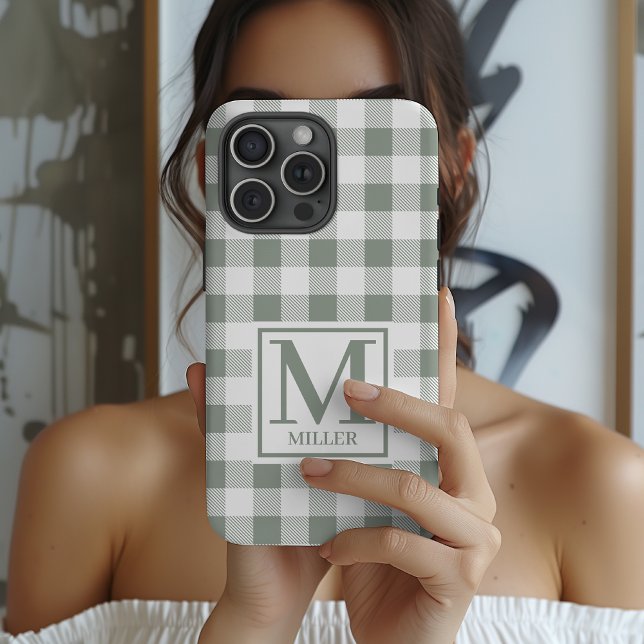 Custom Gingham Phone Case Gift for Mom or Grandma (Custom Gingham Phone Case Gift for Mom or Grandma, Sage Checkered Phone Case Birthday Gift for Women)