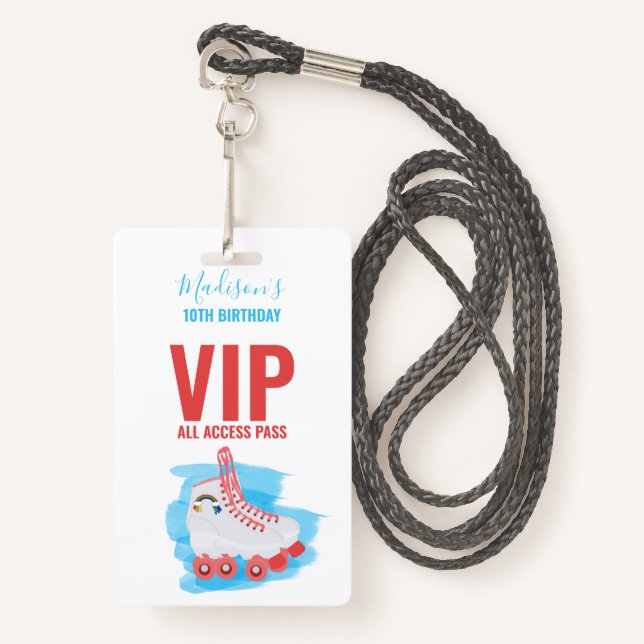 Custom Girl Birthday Party Roller Blading VIP Pass Badge (Front with Lanyard)