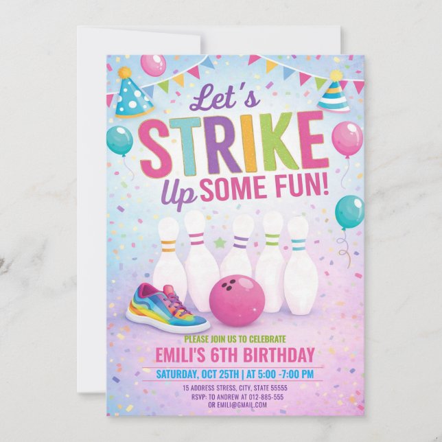 Custom Girl Bowling Birthday Invitation  (Front)