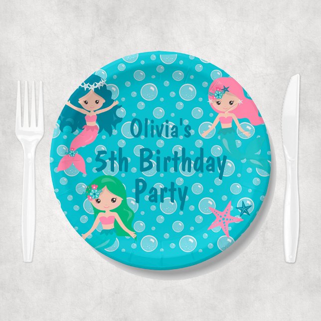 Custom Girl Name Kids Mermaid Birthday Party Paper Plates (Kids Mermaid Birthday Party Personalized Paper Plates
)