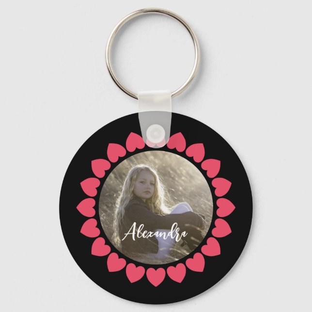Custom Girl Photo with Peachy Hearts Circle Keychain (Front)
