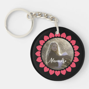 Custom Girl Photo with Peachy Hearts Circle Keychain
