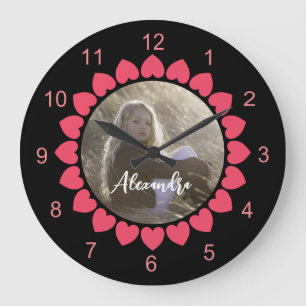 Custom Girl Photo with Peachy Hearts Circle Large Clock