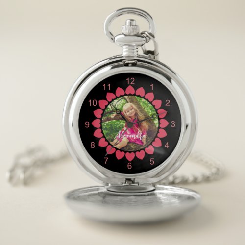 Custom Girl Photo with Peachy Hearts Circle Pocket Watch