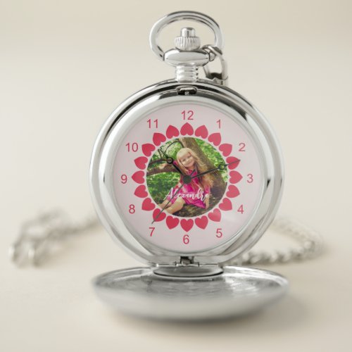 Custom Girl Photo with Peachy Hearts Circle Pocket Watch