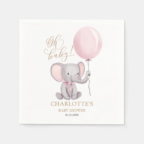 Custom Girl Pink Balloon Cute Elephant Baby Shower Napkins
