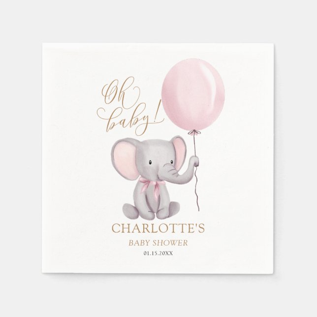 Custom Girl Pink Balloon Cute Elephant Baby Shower Napkins (Front)