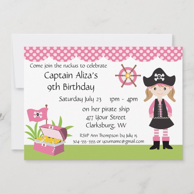 Custom Girl Pirate Birthday Party Invitation (Front)