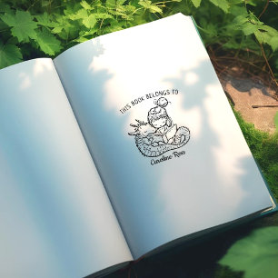 Custom Girl Reading with Dragon Bookplate Rubber Stamp