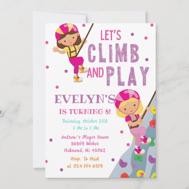 Custom Girl Rock Climbing Birthday Party Invitation (Front)