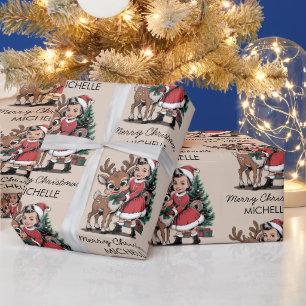 Custom Girl with Dear Reindeer Vintage Christmas Wrapping Paper