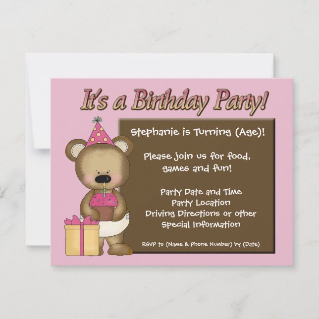 Custom Girl's Birthday Party, Pink Bear Cupcake Invitation (Front)