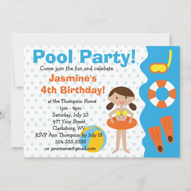 Custom Girl's Birthday Pool Party Invitation (Front)