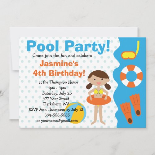 Custom Girl's Birthday Pool Party Personalized Invites
