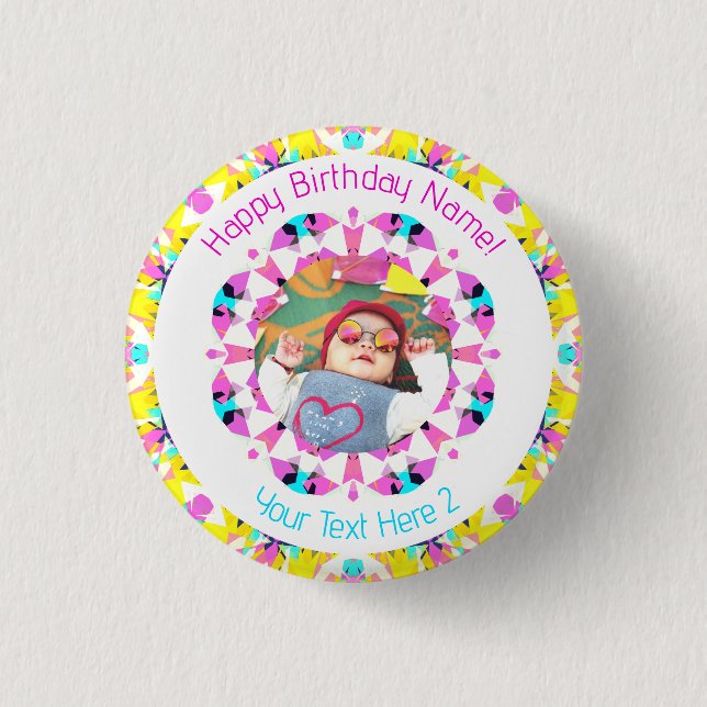 Custom Girls Boys Happy Birthday Yellow Star Photo Button (Front)