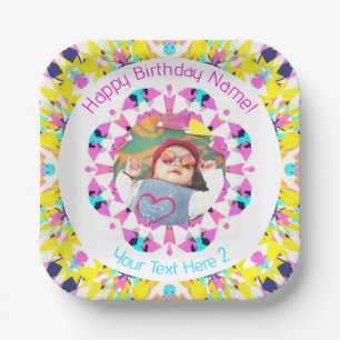 Custom Girls Boys Happy Birthday Yellow Star Photo Paper Plates