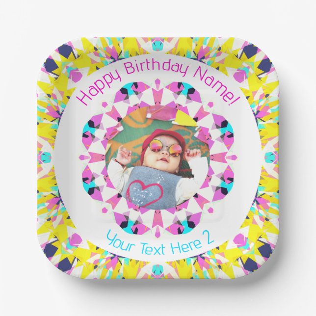 Custom Girls Boys Happy Birthday Yellow Star Photo Paper Plates (Front)