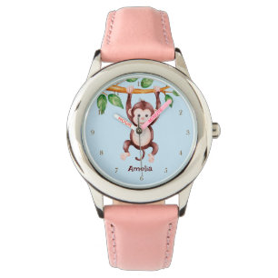 Custom Girls cute pink monkey tree branch Watch