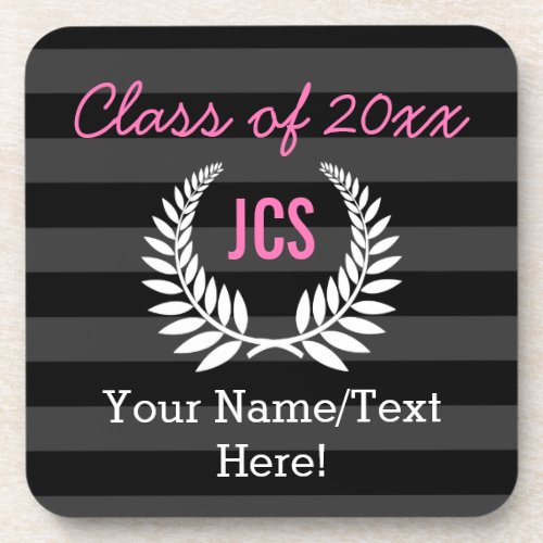 Custom Girls Graduation Party Black Pink Monogram Drink Coaster