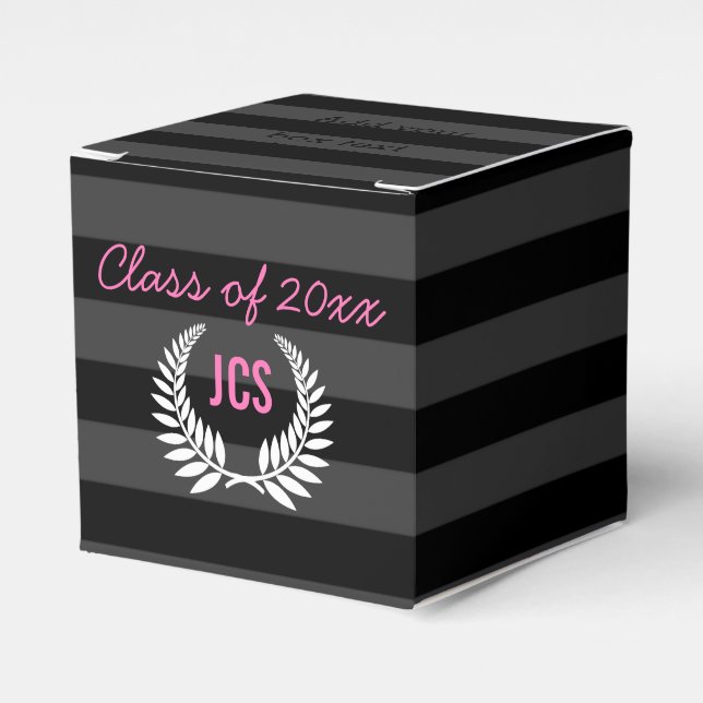 Custom Girls Graduation Party Black Pink Monogram Favor Boxes (Front Side)