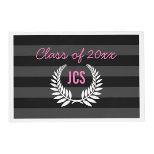 Custom Girls Graduation Party Black Pink Monogram Placemat