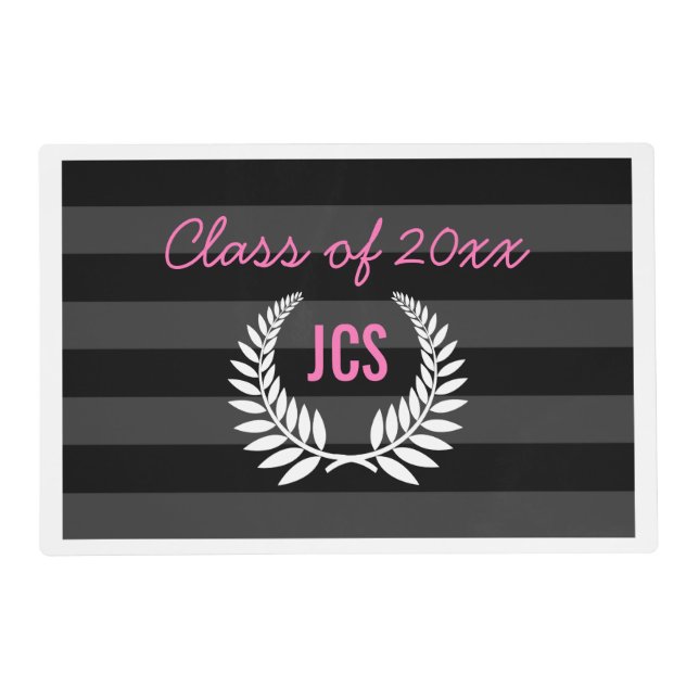 Custom Girls Graduation Party Black Pink Monogram Placemat (Back)