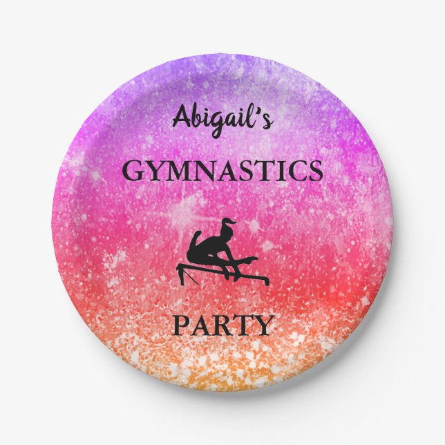 CUSTOM Girls Gymnastics Birthday Party RAINBOW Paper Plates (Front)