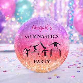 Custom Girls Gymnastics Birthday Rainbow Sparkle Paper Plates