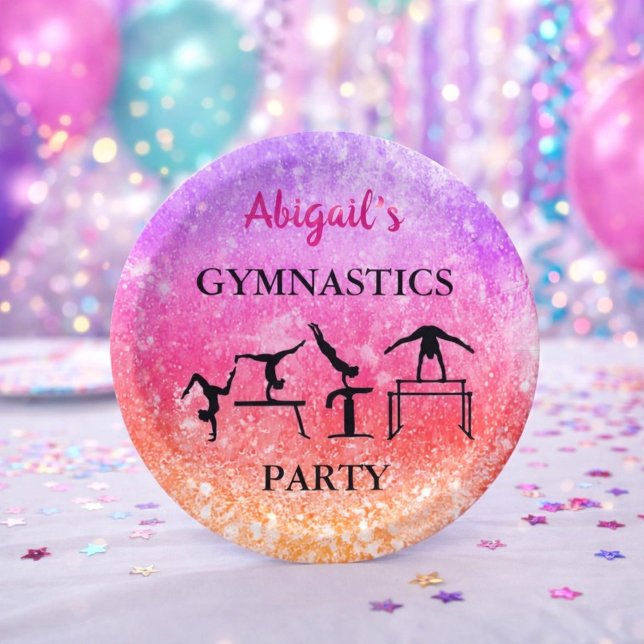 Custom Girls Gymnastics Birthday Rainbow Sparkle Paper Plates (Creator Uploaded)