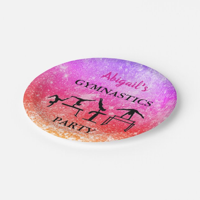 Custom Girls Gymnastics Birthday Rainbow Sparkle Paper Plates (Angled)