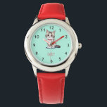 Custom Girls Name Cute Cat Kids Watch<br><div class="desc">Make time-telling fun and personal with this Custom Girls Name Cute Cat Kids Watch. Featuring an adorable cat design and vibrant colors, this watch is perfect for young girls who love playful, animal-themed accessories. The watch face can be personalized with your child’s name, making it a unique and special gift...</div>