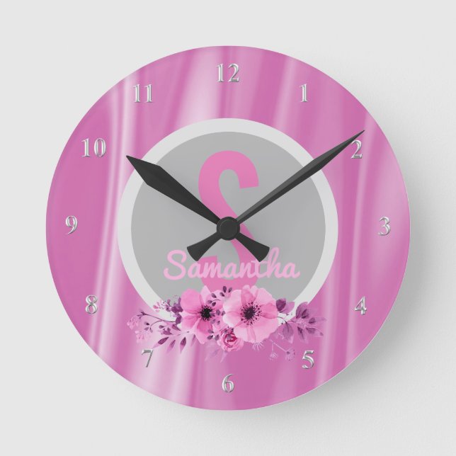Custom Girls Name Girly Pink Flowers Satin Round Clock (Front)