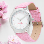 Custom Girls Name Pink Glitter Strap Kids Watch<br><div class="desc">Custom, personalized, kids girls fun cool girly pink glitter strap, stainless steel case, wrist watch. Simply type in the name. Go ahead create a wonderful, custom watch for the lil princess in your life - daughter, sister, niece, grandaughter, goddaughter, stepdaughter. Makes a great custom gift for birthday, graduation, christmas, holidays,...</div>