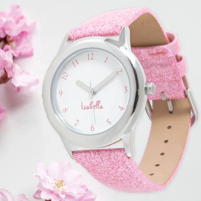 Custom Girls Name Pink Glitter Strap Kids Watch
