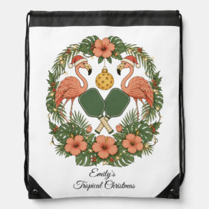 Custom Girl's Preppy Pickleball Tropical Christmas Drawstring Bag