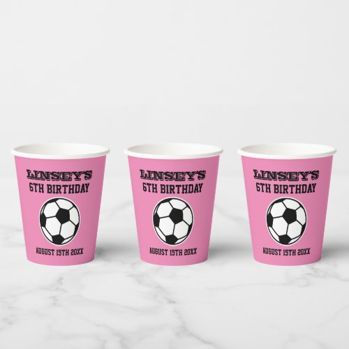 Custom girls soccer sports Birthday party pink Paper Cups