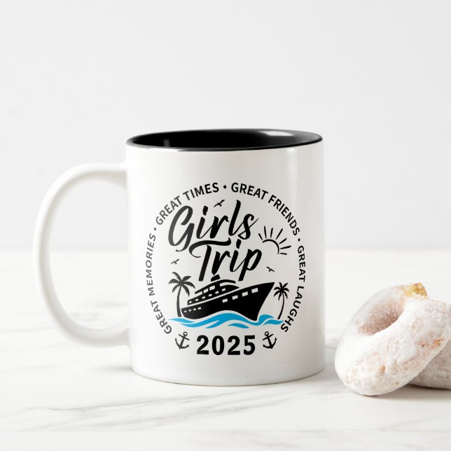 Custom Girls Trip Group Matching Cruise Vacation Two-Tone Coffee Mug (With Donut)