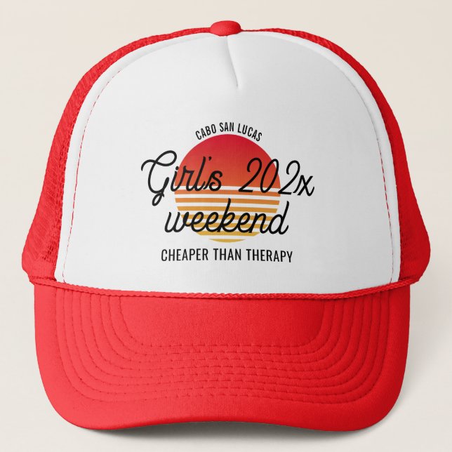 Custom Girls Trip Retro Sunset Girls Weekend 2025 Trucker Hat (Front)