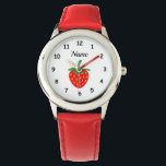 Custom girl's watch with cute red strawberry image<br><div class="desc">Custom kid's watch with cute red strawberry image design. Personalizable wrist watches for children. Unqiue Birthday gift idea for girls. Create one for special daughter, granddaughter, cutest cousin, friend, child, grandchild, little or big sister, mom, vegetarian etc. Fun fruit design with numbers and elegant typography template. Also nice as Christmas...</div>